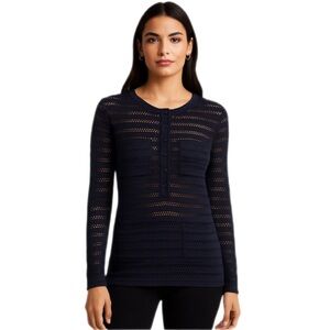 Ann Taylor Black Long-Sleeve Top, Partial Button Front — Size S